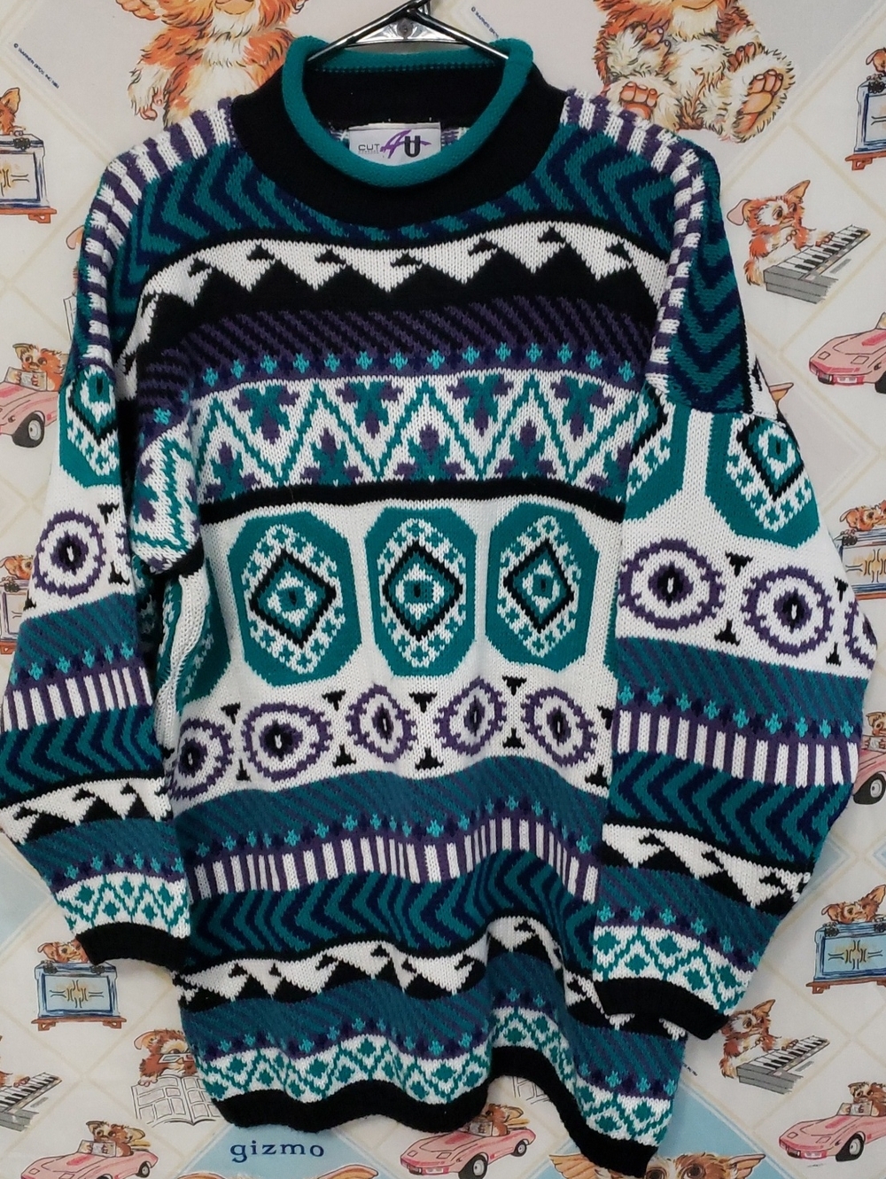 Vintage  Cut 4 U Geometric Knit Sweater Teal, Purple & White OS